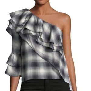 ALICE + Olivia Top black white plaid  Hilaria Ruffled One Shoulder XS